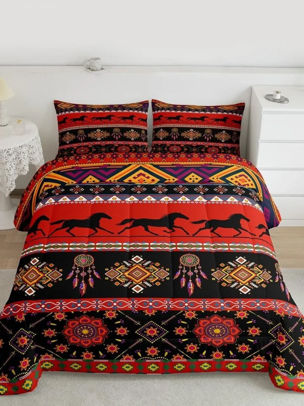 Boho Dream Catcher Comforter Set Galloping Horse Bedding Set for Kids Boys Girls